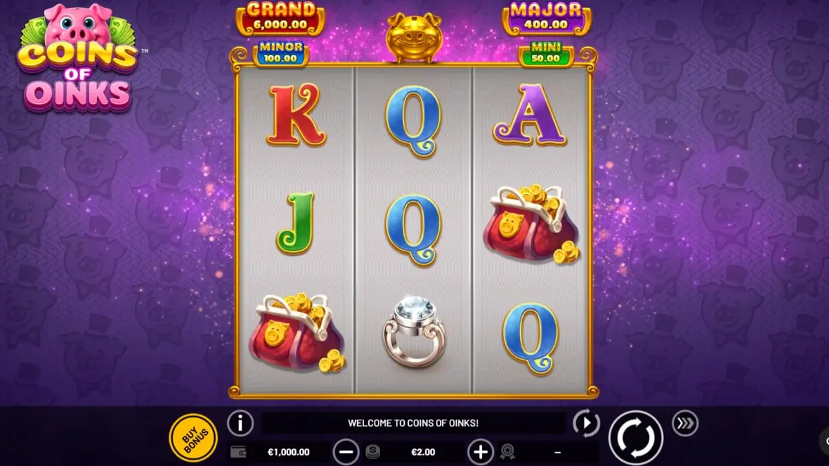 Interface do jogo Coins of Oinks com porcos luxuosos e símbolos dourados