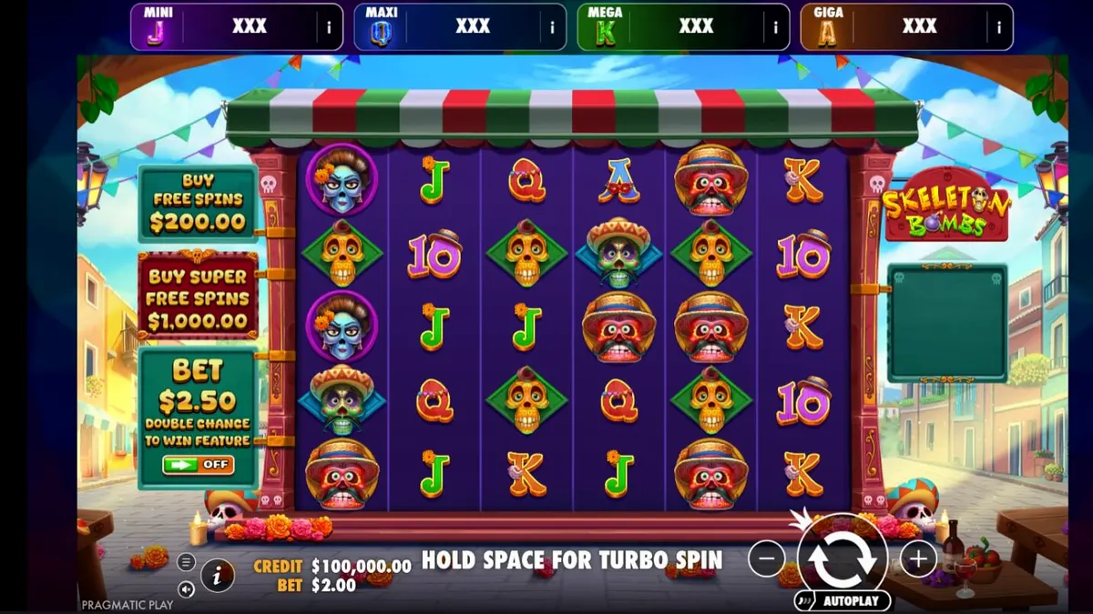 Cena vibrante do jogo de slot Skeleton Bombs com calaveras coloridas e elementos festivos mexicanos