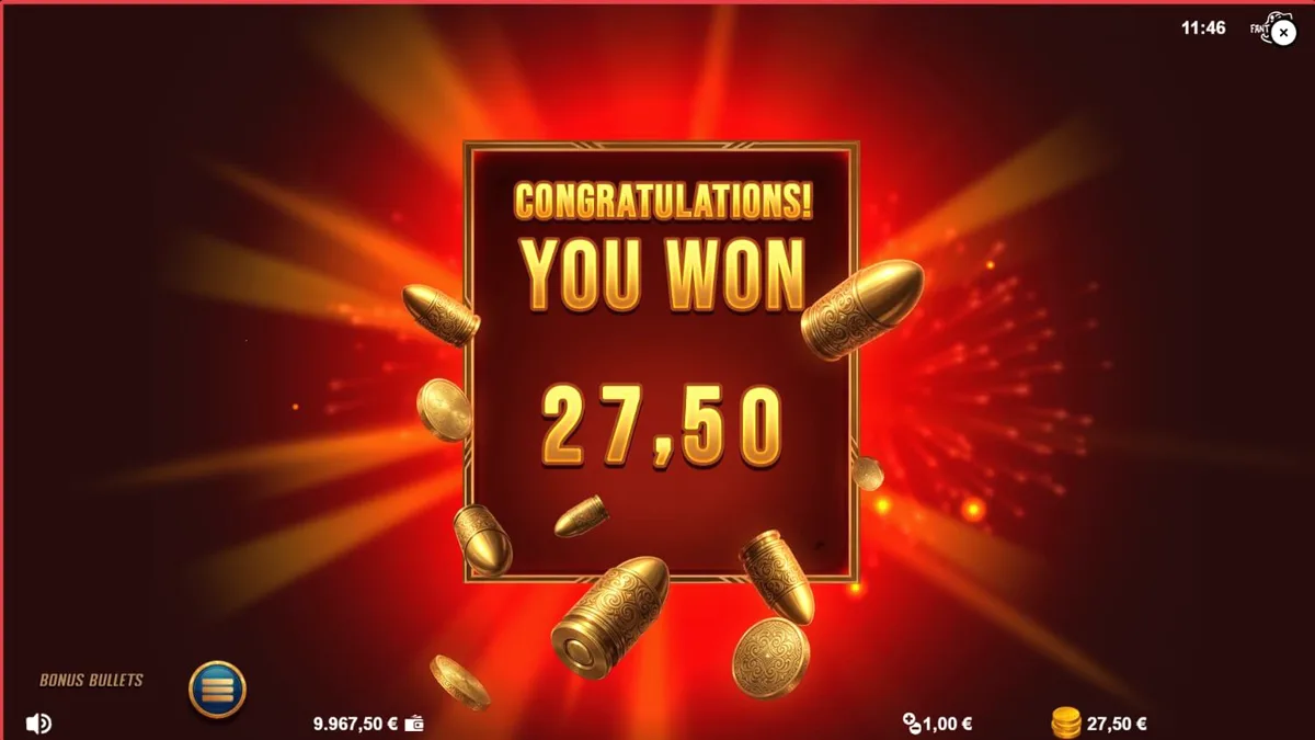 Interface do jogo de slot Bonus Bullets com tema noir e revólver dourado